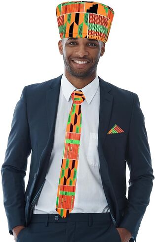 3 Pcs African Attire for Men African Kente Kufi Hat Kente Tie and Pocket Square for Black History Month Costume Accessories in Kuwait