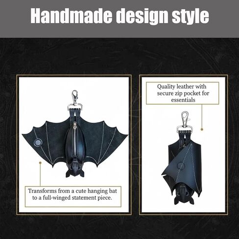 Leather Bat Coin Purse Handcrafted Coin Purse Small Leather Bat Family Wallet Keychain Gothic Style Stitch Bag Handmade in Saudi Arabia