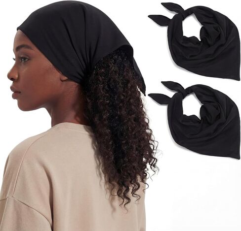 Cuffbow 2 قطعة الساتان اصطف باندانا مقاوم للماء وشاح الرأس عدم الانزلاق الشعر وشاح كبير مثلث مقاوم للماء المطر عقال للنساء الأسود in Saudi Arabia