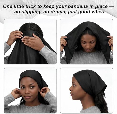 Cuffbow 2 قطعة الساتان اصطف باندانا مقاوم للماء وشاح الرأس عدم الانزلاق الشعر وشاح كبير مثلث مقاوم للماء المطر عقال للنساء الأسود in Saudi Arabia