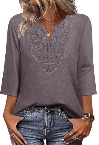 WIHOLL 3/4 Length Sleeve Womens Tops Boho V Neck Lace Shirt Trendy Blouses Dressy Casual Vacation Clothes S-3XL in Kuwait
