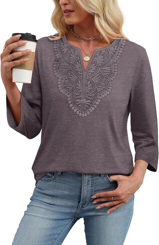 WIHOLL 3/4 Length Sleeve Womens Tops Boho V Neck Lace Shirt Trendy Blouses Dressy Casual Vacation Clothes S-3XL in Kuwait