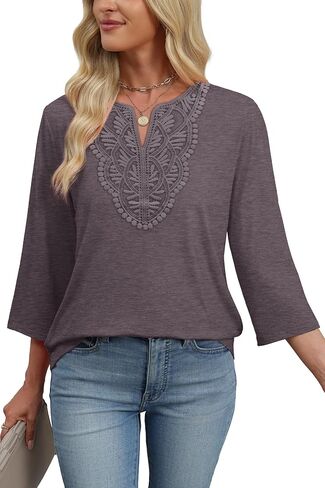 WIHOLL 3/4 Length Sleeve Womens Tops Boho V Neck Lace Shirt Trendy Blouses Dressy Casual Vacation Clothes S-3XL in Kuwait