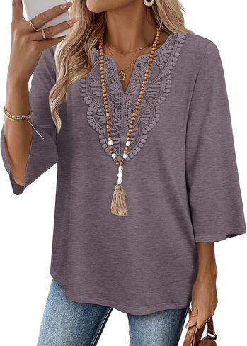 WIHOLL 3/4 Length Sleeve Womens Tops Boho V Neck Lace Shirt Trendy Blouses Dressy Casual Vacation Clothes S-3XL in Kuwait