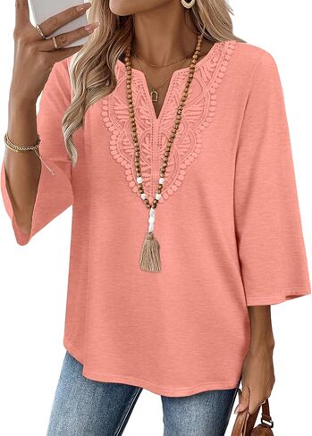 WIHOLL 3/4 Length Sleeve Womens Tops Boho V Neck Lace Shirt Trendy Blouses Dressy Casual Vacation Clothes S-3XL in Kuwait