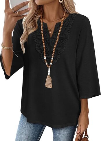 WIHOLL 3/4 Length Sleeve Womens Tops Boho V Neck Lace Shirt Trendy Blouses Dressy Casual Vacation Clothes S-3XL in Kuwait