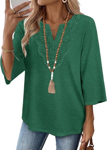 WIHOLL 3/4 Length Sleeve Womens Tops Boho V Neck Lace Shirt Trendy Blouses Dressy Casual Vacation Clothes S-3XL in Kuwait