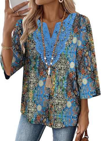 WIHOLL 3/4 Length Sleeve Womens Tops Boho V Neck Lace Shirt Trendy Blouses Dressy Casual Vacation Clothes S-3XL in Kuwait