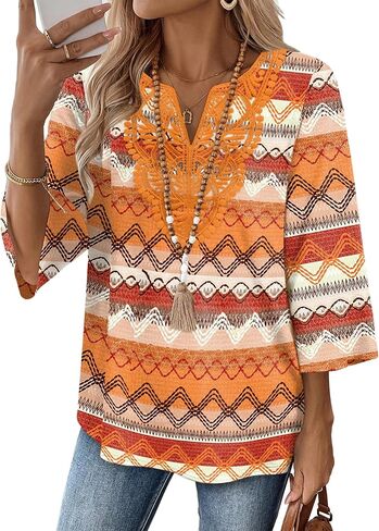 WIHOLL 3/4 Length Sleeve Womens Tops Boho V Neck Lace Shirt Trendy Blouses Dressy Casual Vacation Clothes S-3XL in Kuwait