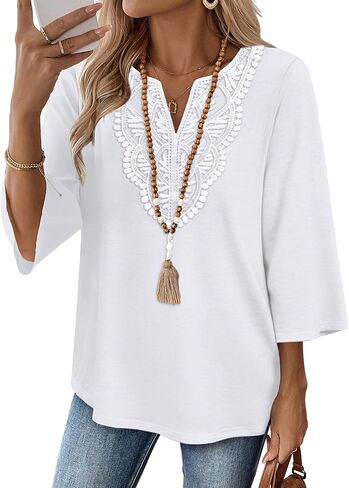 WIHOLL 3/4 Length Sleeve Womens Tops Boho V Neck Lace Shirt Trendy Blouses Dressy Casual Vacation Clothes S-3XL in Kuwait