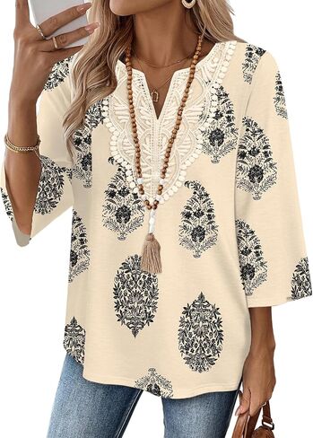 WIHOLL 3/4 Length Sleeve Womens Tops Boho V Neck Lace Shirt Trendy Blouses Dressy Casual Vacation Clothes S-3XL in Kuwait