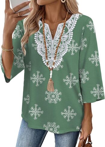 WIHOLL 3/4 Length Sleeve Womens Tops Boho V Neck Lace Shirt Trendy Blouses Dressy Casual Vacation Clothes S-3XL in Kuwait