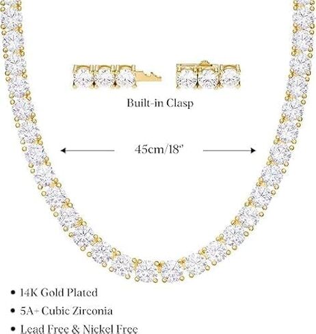 قلادة التنس Pretty Jewels 08، 16 قيراط، لمسة نهائية من الذهب الأصفر عيار 14 قيراط، مطلية بالفضة، ألماس مختبر، قطع دائري، نمط قلادة، للنساء والرجال in Kuwait