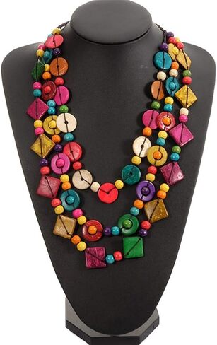 Bohemian Shell Necklace Wood Bead Statement Collar Necklace Chunky Layered Handmade Beaded Long for Women (Colorful) in Saudi Arabia