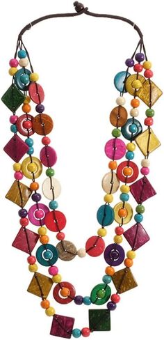 Bohemian Shell Necklace Wood Bead Statement Collar Necklace Chunky Layered Handmade Beaded Long for Women (Colorful) in Saudi Arabia