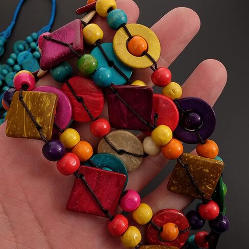 Bohemian Shell Necklace Wood Bead Statement Collar Necklace Chunky Layered Handmade Beaded Long for Women (Colorful) in Saudi Arabia