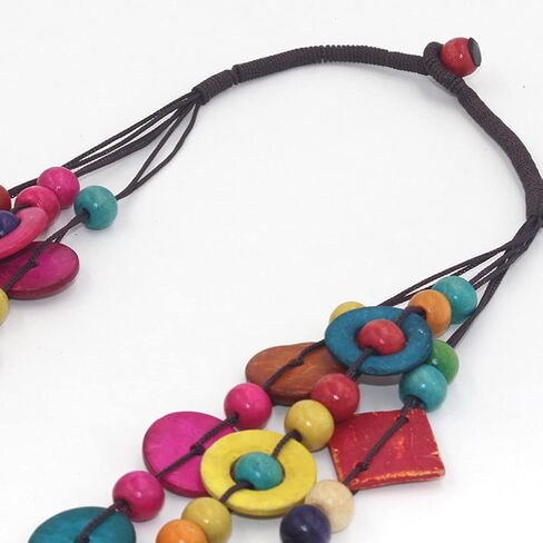 Bohemian Shell Necklace Wood Bead Statement Collar Necklace Chunky Layered Handmade Beaded Long for Women (Colorful) in Saudi Arabia