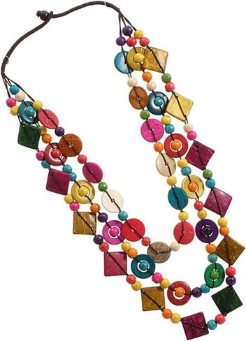Bohemian Shell Necklace Wood Bead Statement Collar Necklace Chunky Layered Handmade Beaded Long for Women (Colorful) in Saudi Arabia