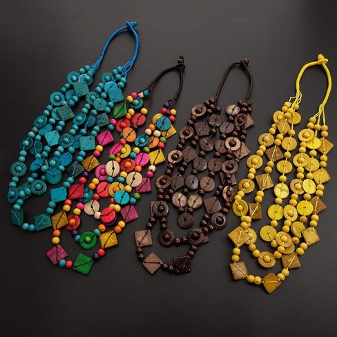 Bohemian Shell Necklace Wood Bead Statement Collar Necklace Chunky Layered Handmade Beaded Long for Women (Colorful) in Saudi Arabia