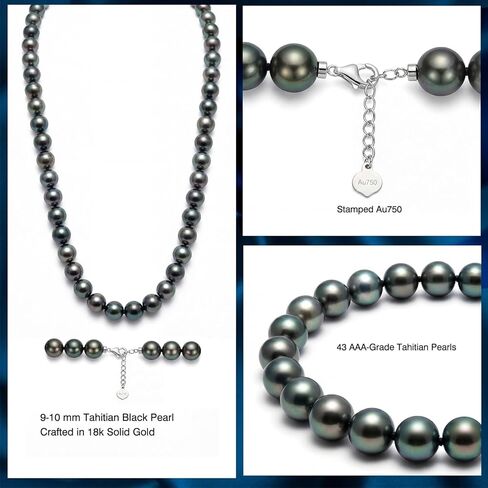 قلادات من الذهب الصلب عيار 18 قيراطًا من اللؤلؤ الأسود التاهيتي الحقيقي للنساء - 43 قطعة 9-10 مم AAA من اللؤلؤ المزروع في المحيط، قلادات حبلا، هدايا فاخرة لذكرى الزفاف وأعياد الميلاد للزوجة والأم، الطول 17.7 بوصة + 2 بوصة in Kuwait