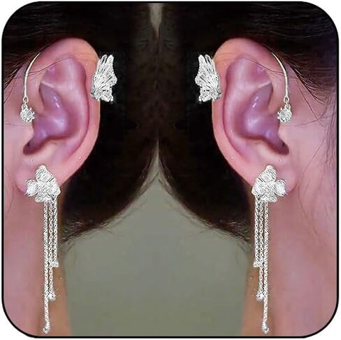 Butterfly Flower Tassel Ear Cuffs Earrings Rhinestone Butterfly Flower Ear Wrap No Piercing Earrings for Women in Saudi Arabia
