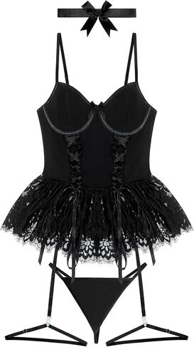 Mixxmix Women Sexy Lingerie Set Naughty Lace Up Corset Bodysuit Underwire Lingerie Babydoll With Garter Belt and Bow Tie in Kuwait