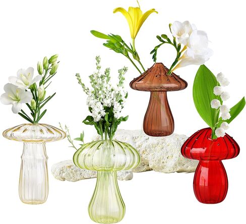 4 PCS Mushroom Shaped Glass Vase, Planters Clear Hydroponic Vase, Flowers Plants for Decorative Centerpiece,Table Decor,Home Wedding Party (4 Color) in Kuwait