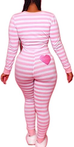 Sunloudy Women 's Valentine's Day Jumpsuit Pajamas Long Sleeve Deep V Neck Striped Print Bodysuit Pajamas Nightwear in Saudi Arabia