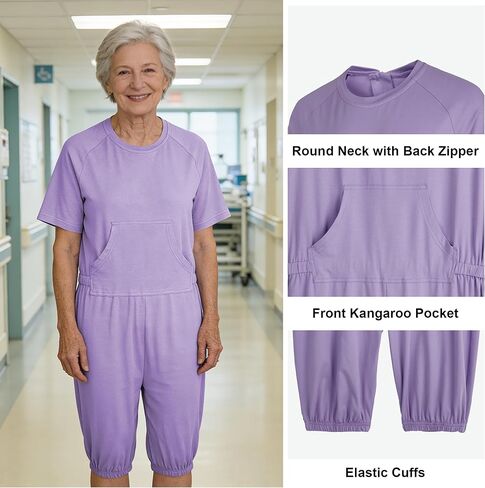 Adaptive Clothing for Women, Anti-Strip Back-Zip Cotton Romper, Elderly Care Onesie for Special Needs and Disabilities in Kuwait