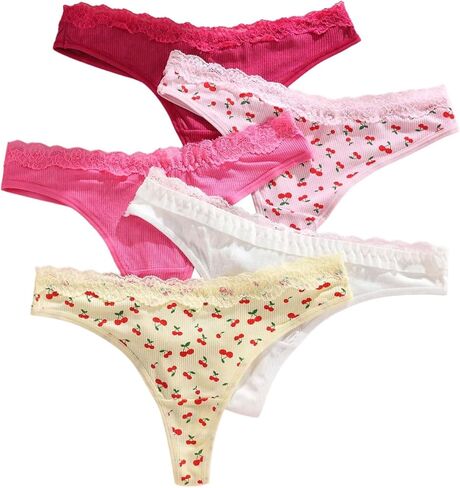 SHENHE Women's 5 Pack Thongs Panties Lace Trim Cherry Print Tanga Low Rise Soft Underwear in Saudi Arabia