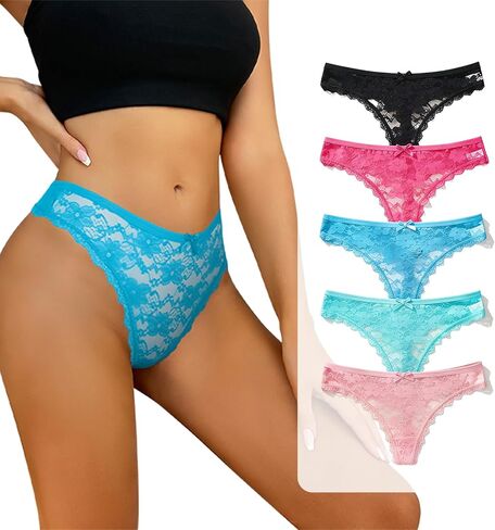 Lace Thongs for Women, 5 Pack Sexy Bikini briefs, Low Cut, Soft & Seamless Underwear for Daily Wear/Dating in Saudi Arabia