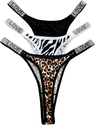 SHENHE Women's 3 Pack Rhinestone Glitter Thongs Sexy Animal Print Low Rise Tanga Underwear in Saudi Arabia