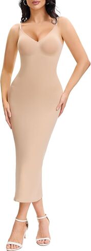 ملابس داخلية سهلة الارتداء تحت الفستان، رقبة على شكل حرف V عميقة، تحكم في البطن، فساتين طويلة كاملة الانزلاق للنساء لتشكيل الجسم in Kuwait