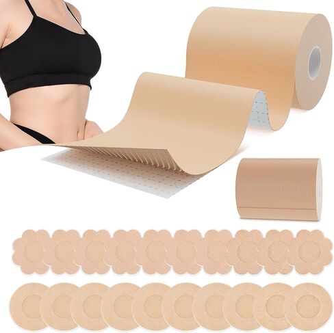 2 Rolls Invisible Boob Tape Breast Lift Tape for Women - Push Up Adhesive Boobytape 4" x 16.5' for Large Breasts A-G Cup with 20 Pcs Nipple Covers, Beige in Saudi Arabia