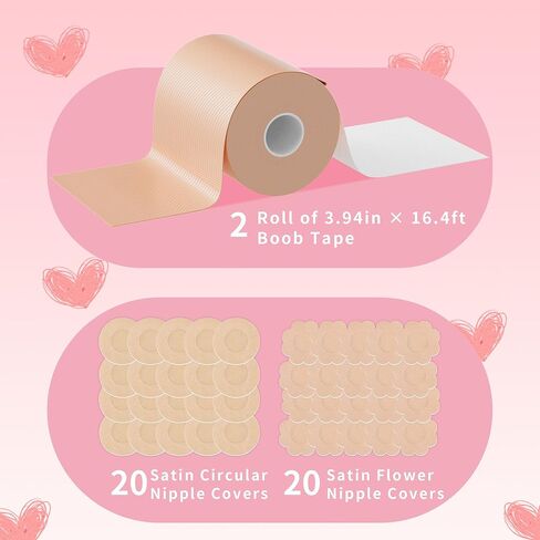 2 Rolls Invisible Boob Tape Breast Lift Tape for Women - Push Up Adhesive Boobytape 4" x 16.5' for Large Breasts A-G Cup with 20 Pcs Nipple Covers, Beige in Saudi Arabia