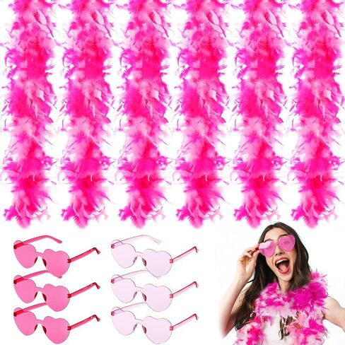 12 Pcs 6.6ft Pink Feather Boas and Heart Rimless Sunglasses Turkey Chandelle for Women Mardi Gras Dancing Party Costume Accessory Valentine Galentine Bachelorette Wedding Party Favor in Saudi Arabia