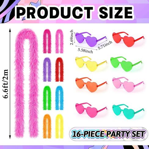16Pcs Feather Boas Party Pack with 8Pcs Artificial Feather Boas 6.6ft and 8Pcs Heart Sunglasses for Wedding Birthday Party Favors in Saudi Arabia