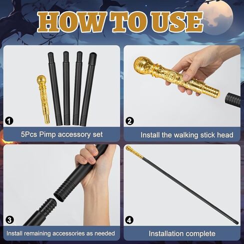 Pimp Cane,Plastic Pimp Canes for Men Gold Walking Cane Prop Costume Accessories,Halloween Staff Ringmaster Joker Cosplay Party in Saudi Arabia