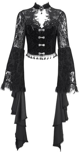 Women's Gothic Lace Long Sleeve Crop Top with Asymmetrical Hem Vintage Buttons - Perfect for Halloween in Saudi Arabia