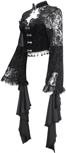 Women's Gothic Lace Long Sleeve Crop Top with Asymmetrical Hem Vintage Buttons - Perfect for Halloween in Saudi Arabia