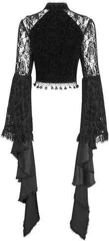 Women's Gothic Lace Long Sleeve Crop Top with Asymmetrical Hem Vintage Buttons - Perfect for Halloween in Saudi Arabia
