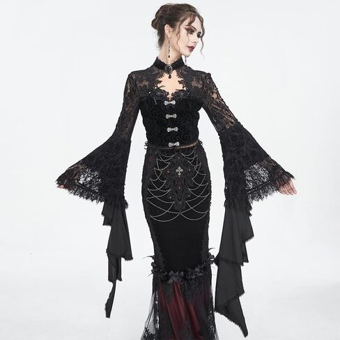 Women's Gothic Lace Long Sleeve Crop Top with Asymmetrical Hem Vintage Buttons - Perfect for Halloween in Saudi Arabia