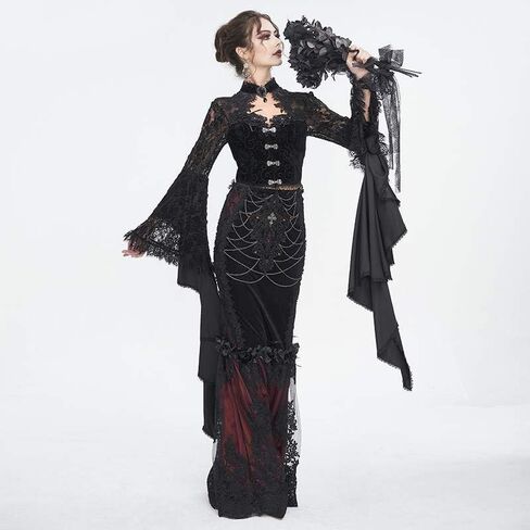 Women's Gothic Lace Long Sleeve Crop Top with Asymmetrical Hem Vintage Buttons - Perfect for Halloween in Saudi Arabia