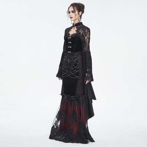 Women's Gothic Lace Long Sleeve Crop Top with Asymmetrical Hem Vintage Buttons - Perfect for Halloween in Saudi Arabia