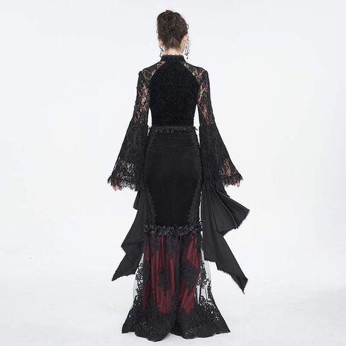 Women's Gothic Lace Long Sleeve Crop Top with Asymmetrical Hem Vintage Buttons - Perfect for Halloween in Saudi Arabia