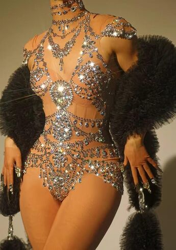 Women Sparkly Rhinestone Bodysuits Luxury One Piece Outifit Stretch Sheer Mesh Short Dance Leotard Drag Queen Costume Nude in Saudi Arabia