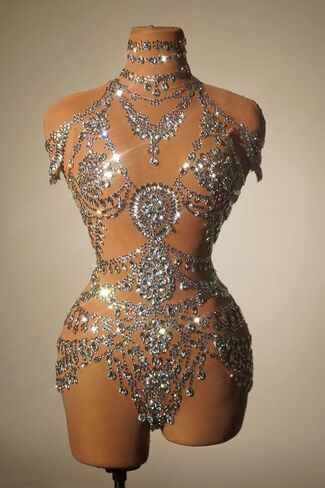 Women Sparkly Rhinestone Bodysuits Luxury One Piece Outifit Stretch Sheer Mesh Short Dance Leotard Drag Queen Costume Nude in Saudi Arabia