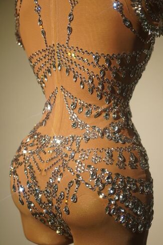 Women Sparkly Rhinestone Bodysuits Luxury One Piece Outifit Stretch Sheer Mesh Short Dance Leotard Drag Queen Costume Nude in Saudi Arabia