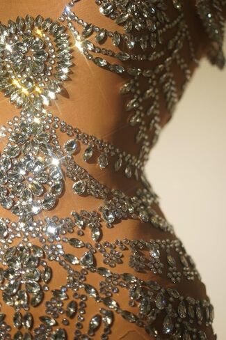 Women Sparkly Rhinestone Bodysuits Luxury One Piece Outifit Stretch Sheer Mesh Short Dance Leotard Drag Queen Costume Nude in Saudi Arabia