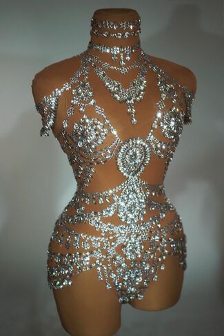 Women Sparkly Rhinestone Bodysuits Luxury One Piece Outifit Stretch Sheer Mesh Short Dance Leotard Drag Queen Costume Nude in Saudi Arabia